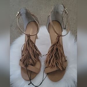 Express Fringe Strappy Heeled Suede Sandals